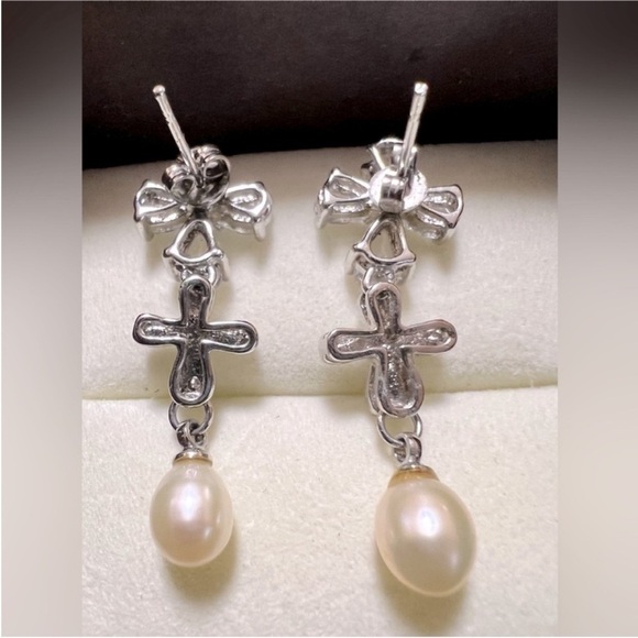 Macy's Silver and White Pearl Drop Earrings - Picture 3 of 3
